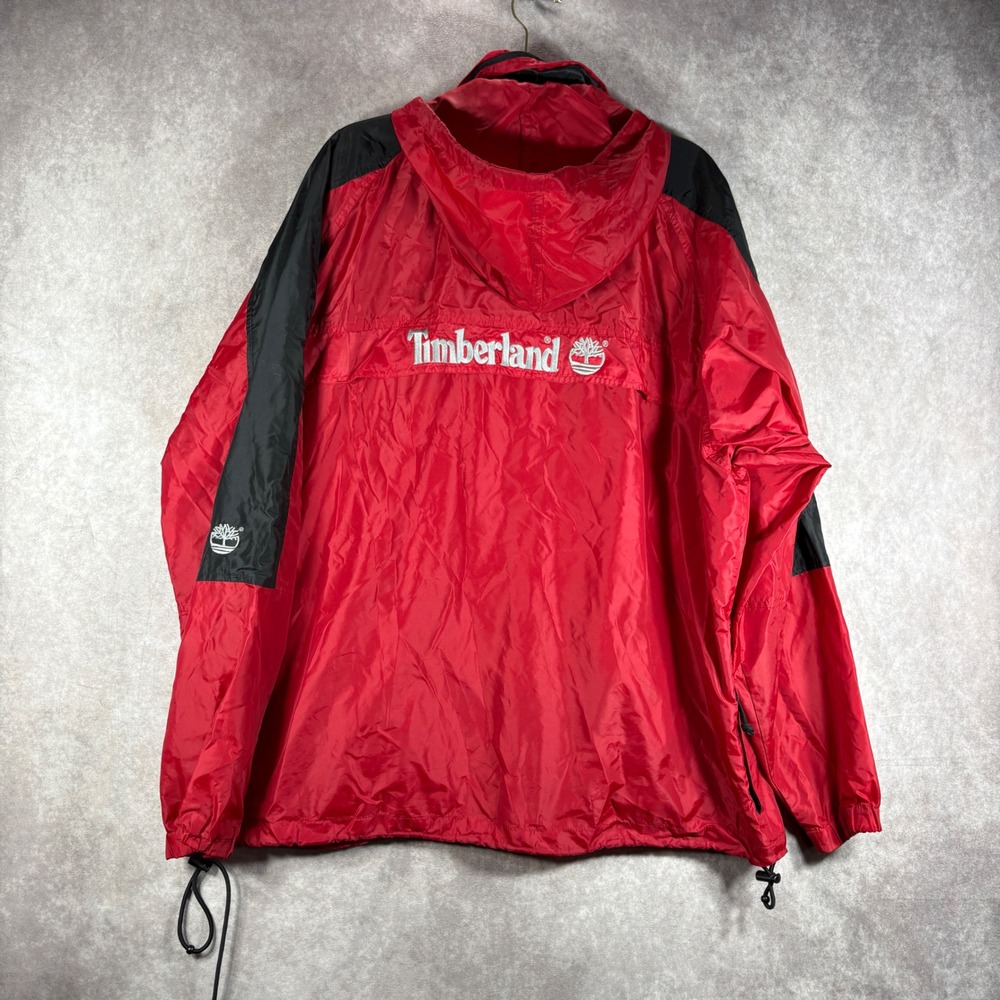 Timberland Windbreaker Mens XL Red Hooded Jacket Colorblock Logo y2k Streetwear
